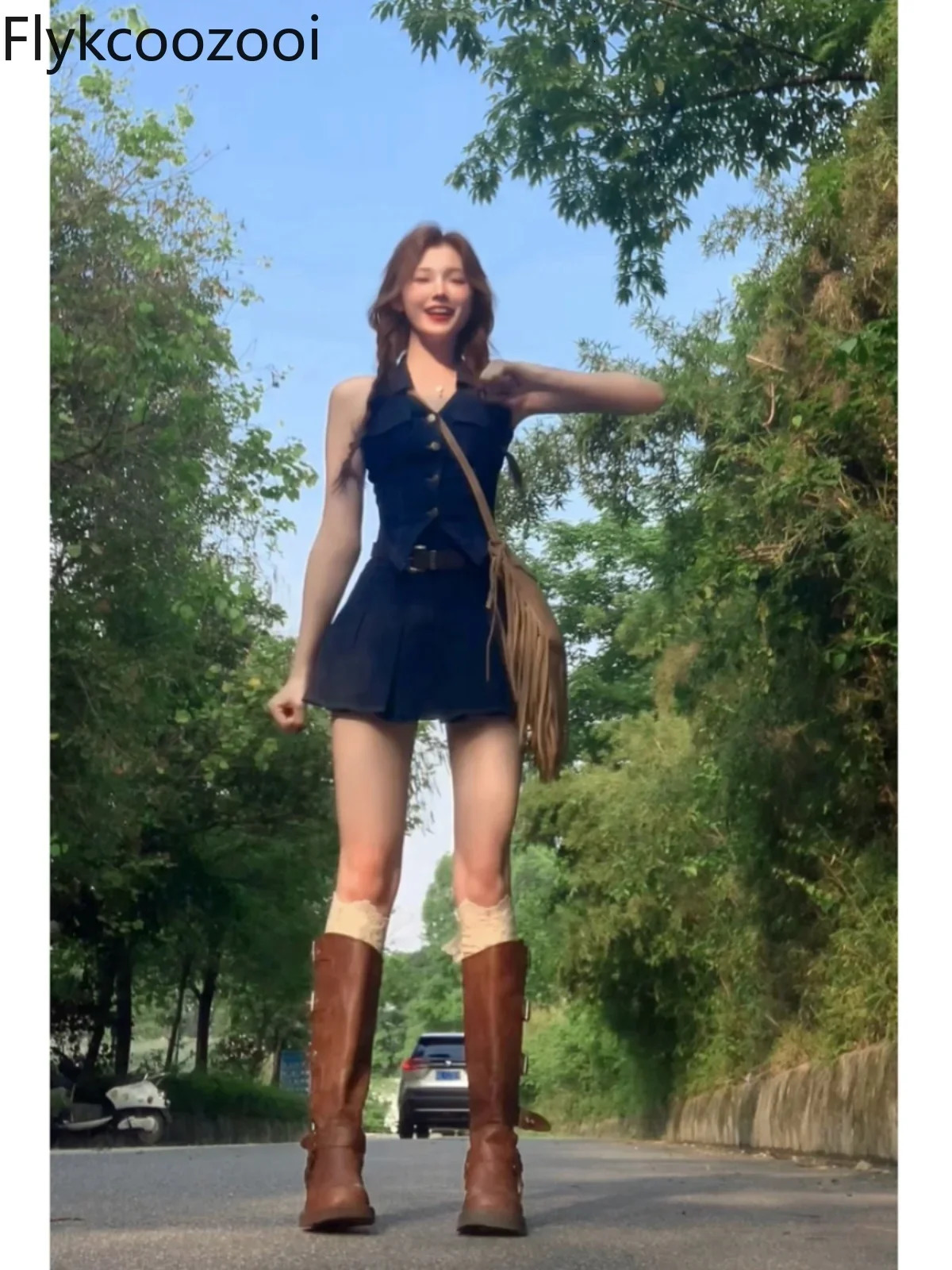 American Spice Denim Suit Female Summer Halter Vest Pleated Skirt High-grade Two-piece Set Conjuntos De Mujer 241107