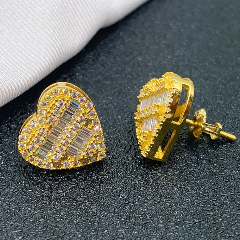 S925 Sterling Silver Gold Plated Pass Test Moissanite Diamond Heart Studs Earrings Nice Gift for Men Women Moissanite Earrings