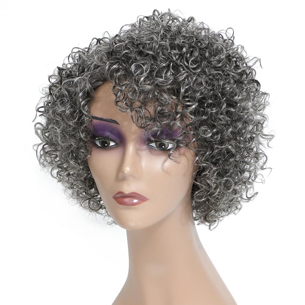 Grey Glueless Wigs Human Hair Wigs Grey Short Curly Wigs for Black Women silver gray Hair Mixed Kinky Curly Wear and Go Ombre Gray 8 Inch Short Wigs f