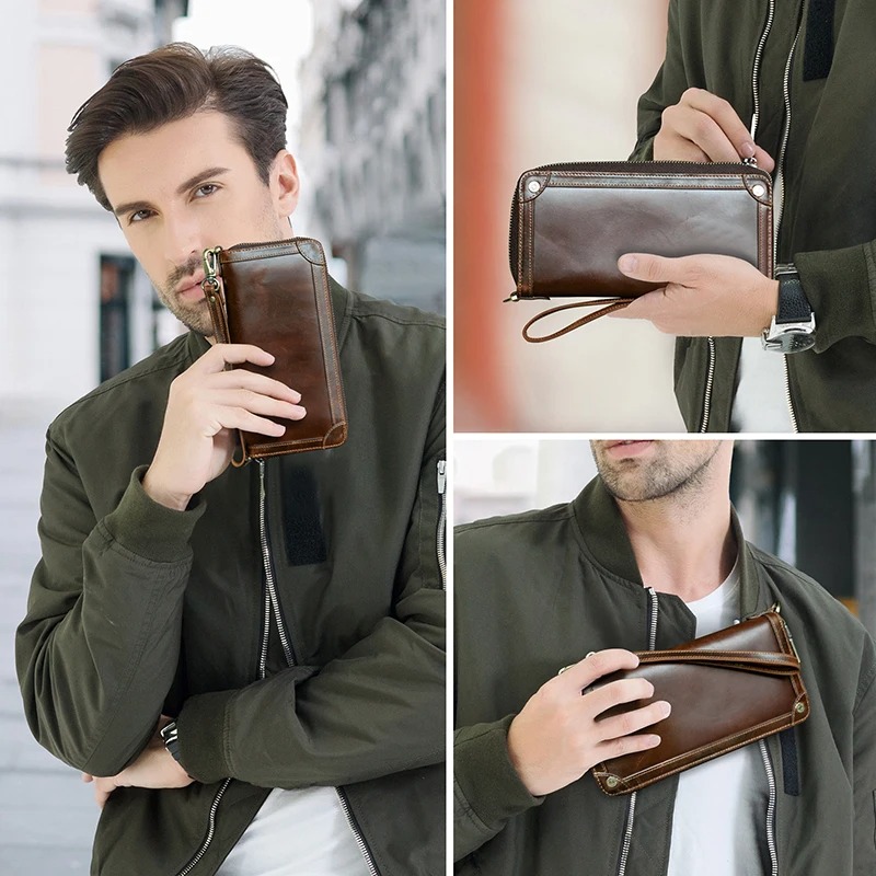 100%Genuine Leather Men Long Wallet Large Capacity Male Clutch Zipper Coin Cellphone Pocket Card Holder Casual Purse