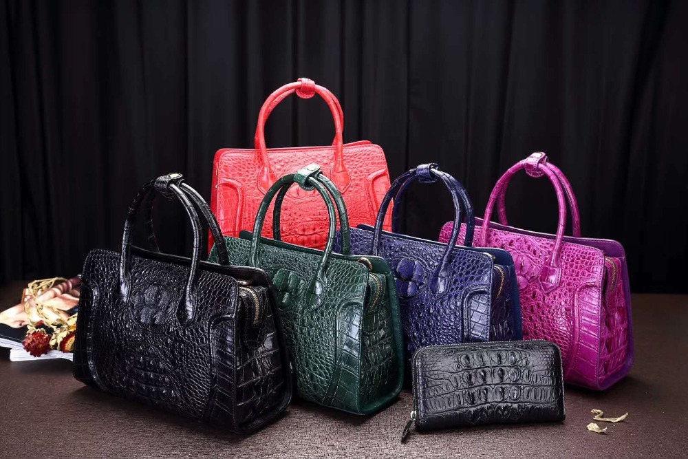 Medium size 100% genuine crocodile skin leather women shoulder bag dark blue color alligator head skin women tote cross body bag