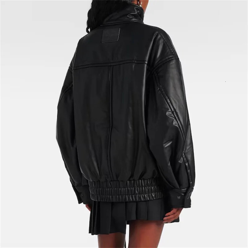 Womens winter jacket artificial leather pilot jacket stand collar windproof thick cotton lining jacket 241107