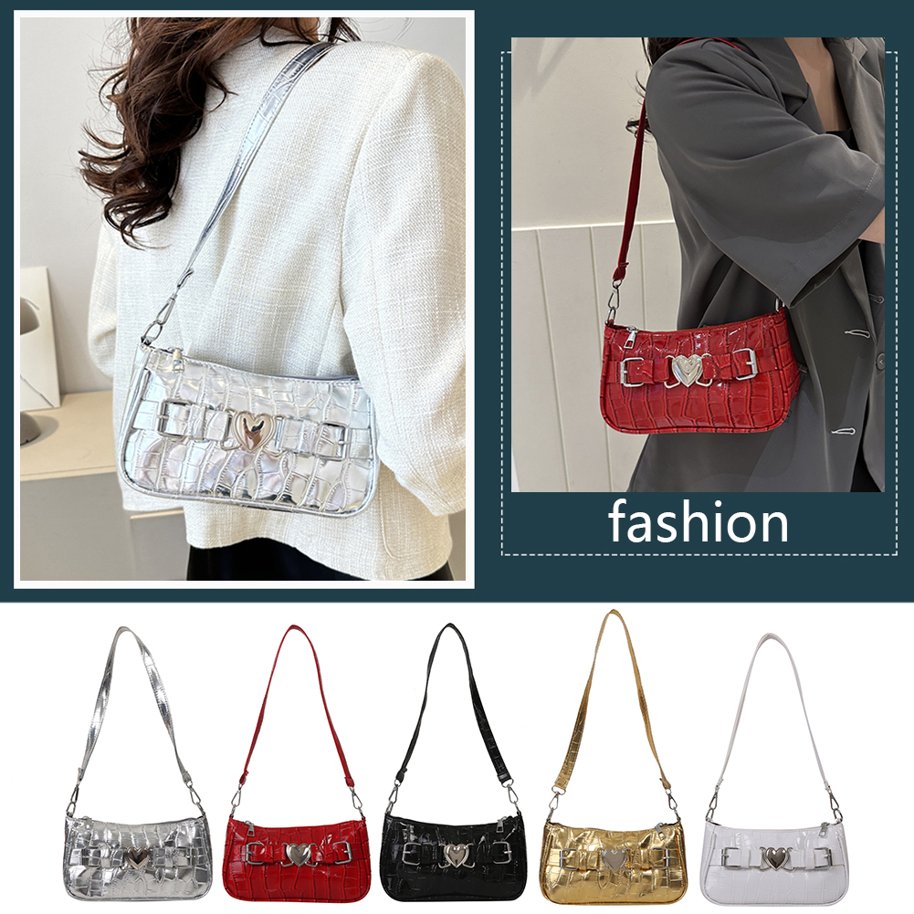 Women Y2K Peach Heart Butt Leather Handbags Girl Alligator Pattern Underarm Handbags Heart Pin Buckle Fashion Girls Shoulder Bag