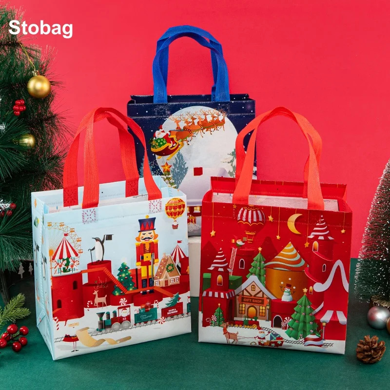 StoBag 12 Christmas Happy Non woven Handbag Fabric Waterproof Gift Candy Packaging Storage Reusable Bag Party Discounts 241107