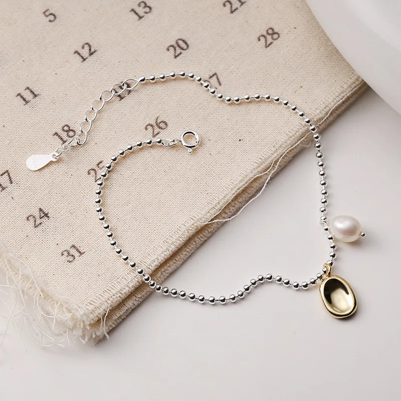 Real 925 pure silver bead necklace for women golden geometric oval charm ankle bracelet for women barefoot jewelry 241107