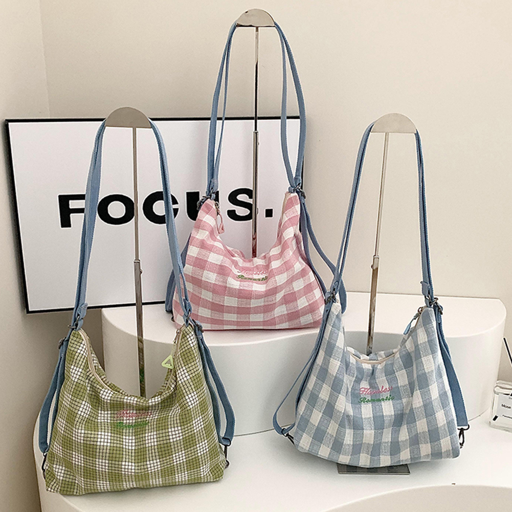 Women Plaid Shoulder Bag Bow Pattern Canvas Fashion Tote Handbag Adjustable Strap Plaid Pattern Backpack Female Outdoor Backpack