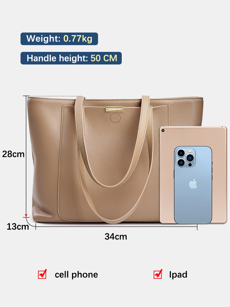 Zency Soft Cowhide Leather Women Shoulder Bag Tote Handbag Large Capacity Lady Shopping Bag Front Pocket For Notebook Phone iPad