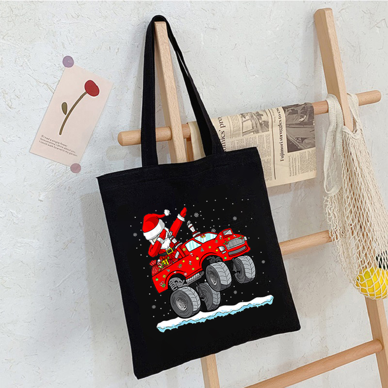 Christmas Santa Monster Truck Xmas Canvas Bags Shopper Shoulder Bag Big Women Designer Handbags Shopping Tote Casual Woman Tote