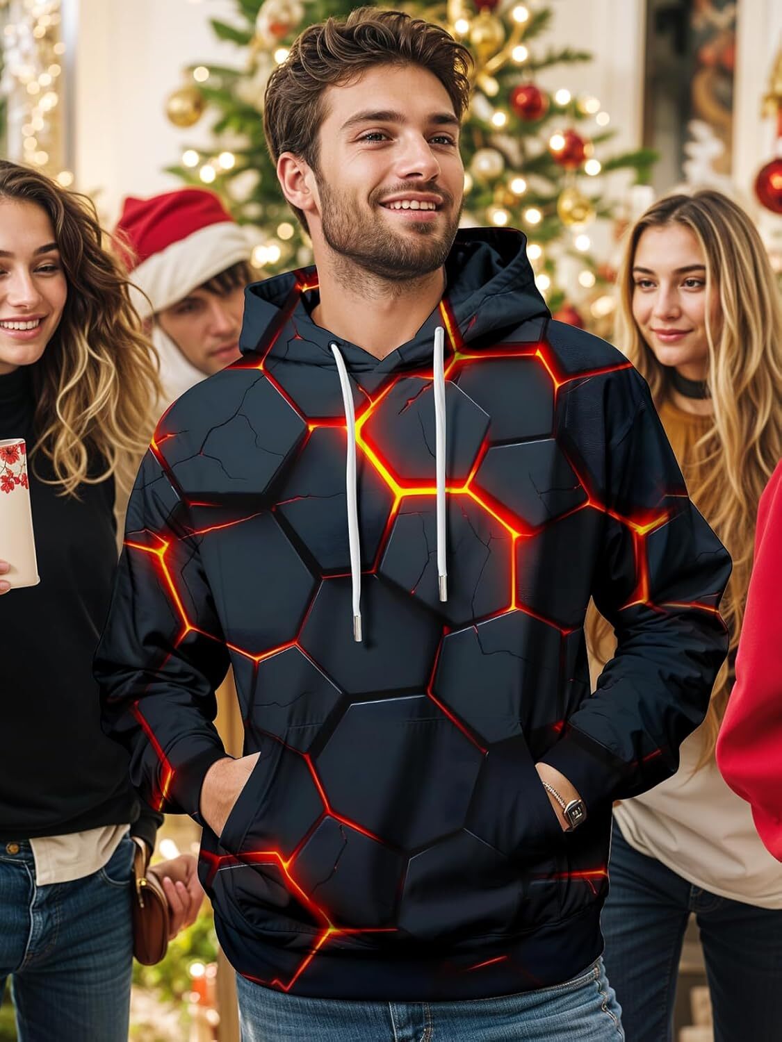 Hoodie for Mens Womens Graphic Hoodies for Men Funny Novelty Pullover Sweatshirt Xmas Teen Boy Gifts Black red Galaxy Hoodie Graphic Cool black and re