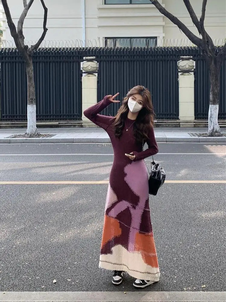 Elegant Knitted Dress for Women Chic Single Breasted V Neck Long Sleeve Bodycon Dress Fashion Elegant Lady Streetwear 241107