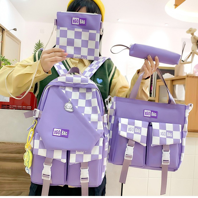4 Pcs Set Women Backpack Harajuku Laptop Canvas plaid School Bags For Teenage Girls Kawaii College Student Kid Book Bag Rucksack