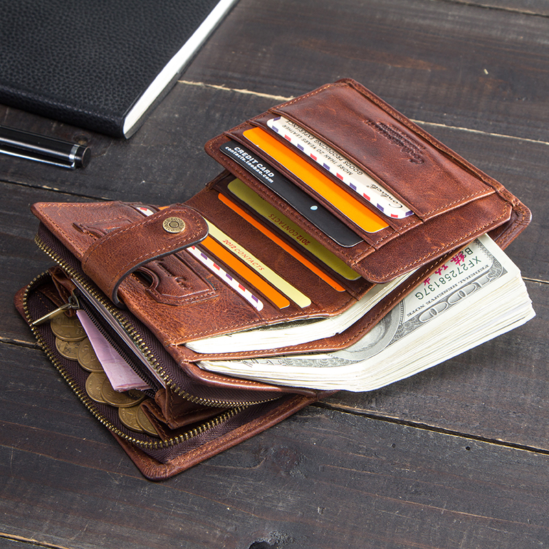 CONTACT'S Genuine Leather Wallets for Men Short Trifold Casual Men's Wallet Luxury Brand Zip Coin Purses Card Holders Money Clip