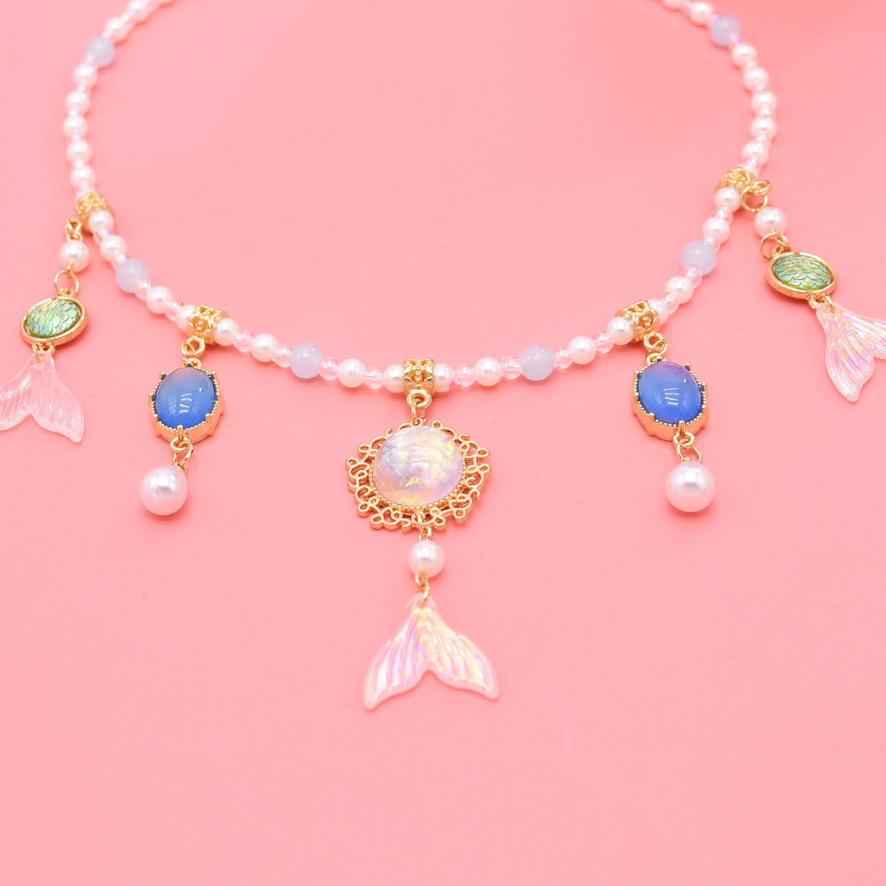 Antique Style Imitation Pearl Colorful Bead Fish Tail Necklace Mermaid Princess Hanfu Photo Super Fairy Gradient Tassel Necklace