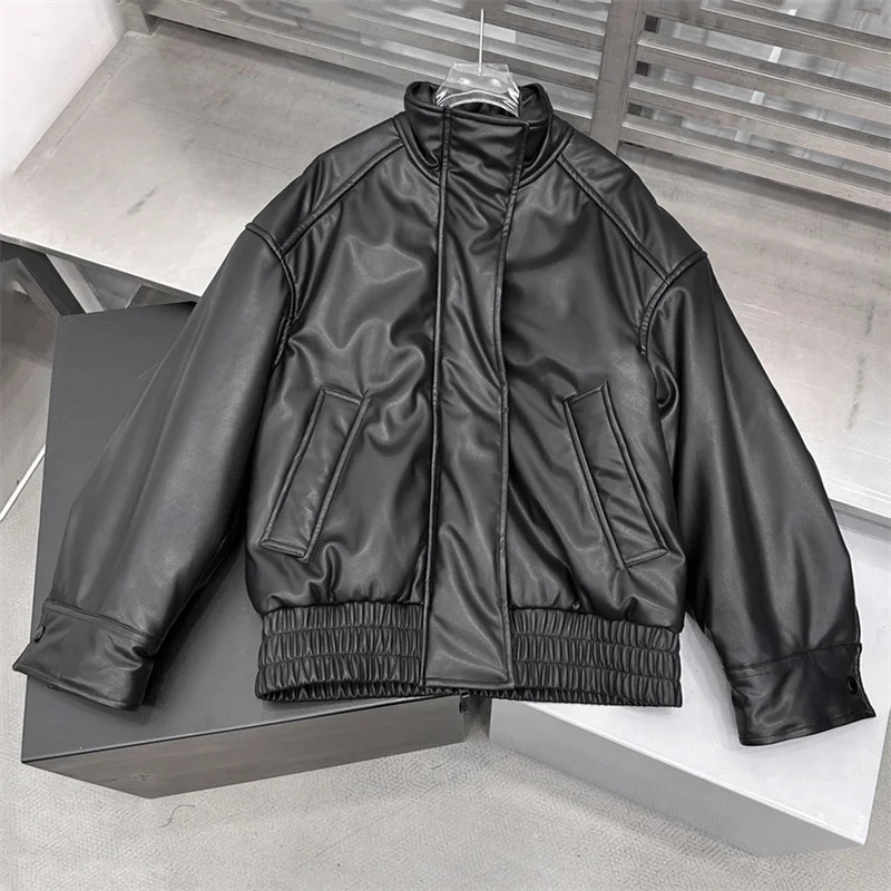 Womens winter jacket artificial leather pilot jacket stand collar windproof thick cotton lining jacket 241107