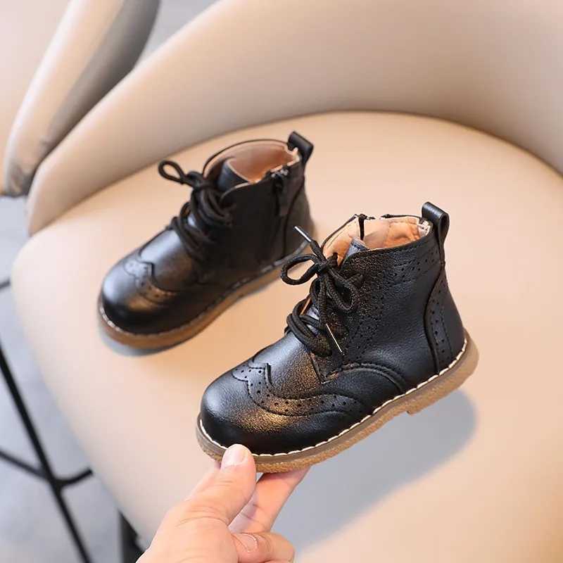 Children Boots British Sle Fretwork Pu Leather Brown Black Boys Girls Short Boot 21-30 Toddler Zipper Solid Color Kids ShoesXJ241206