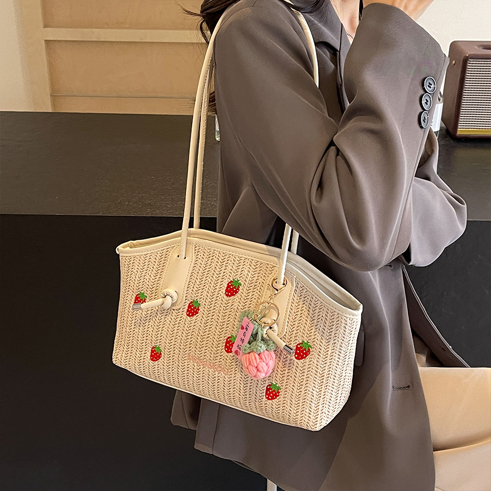 Cute Strawberry Beach Shoulder Bag with Zipper Casual Tote Bag Vacation Bag Holiday Travel Handbag for Women and Girls