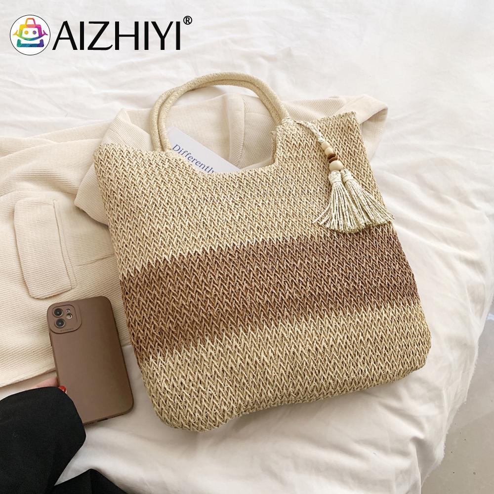 Summer Top-handle Bag Contrast Color with Tassels Beach Vacation Bags Large-Capacity Handmade Fashion Casual for Seaside Holiday