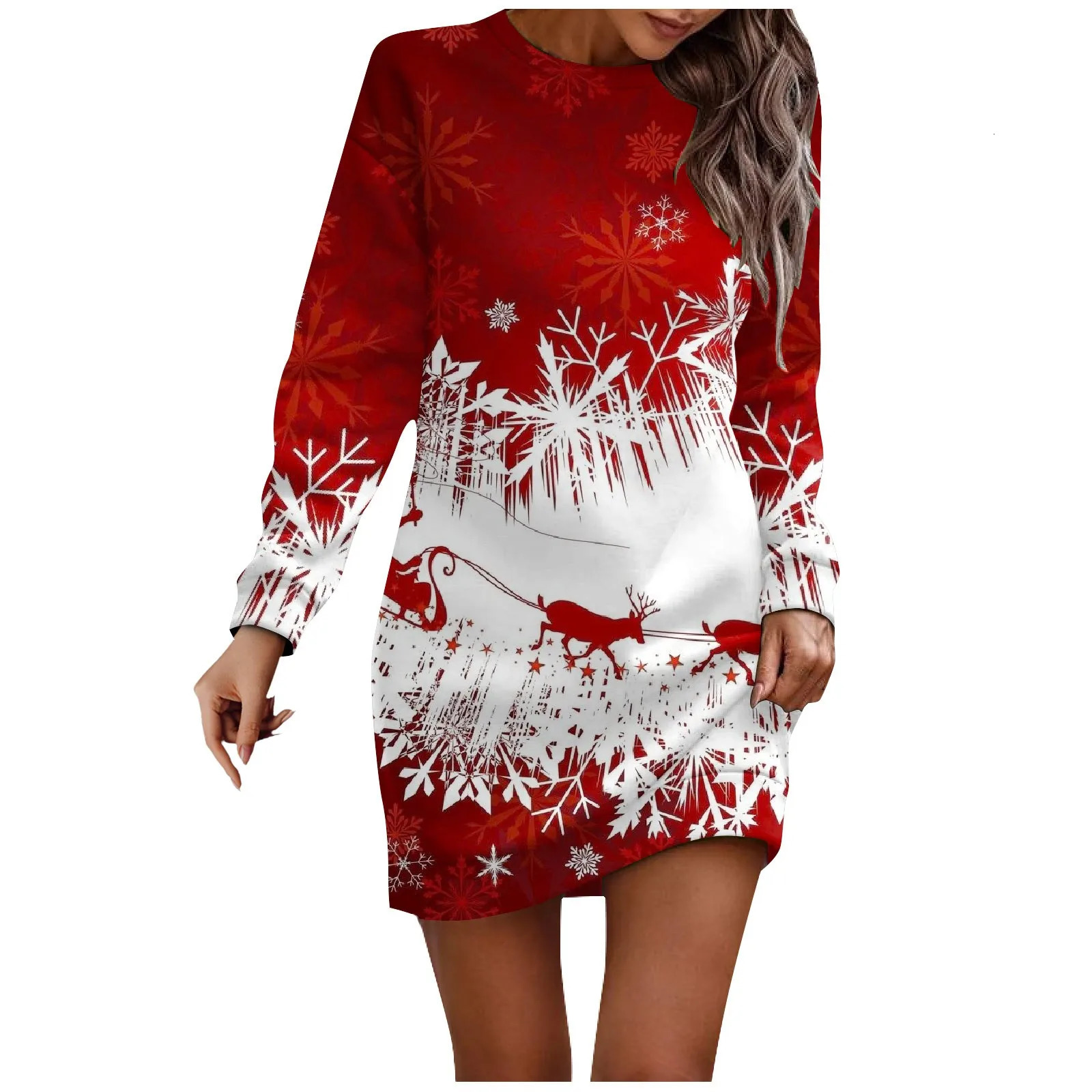 Womens long sleeved casual Christmas printed floral Hip Pack dress sweater autumn dress 241106