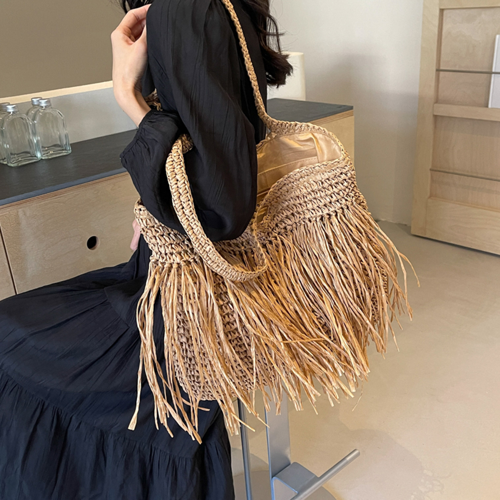 Women Straw Woven Tote Bag Summer Beach Bags Large Capacity Vacation Shoulder Bag Simple with Tassel Weave Handbag