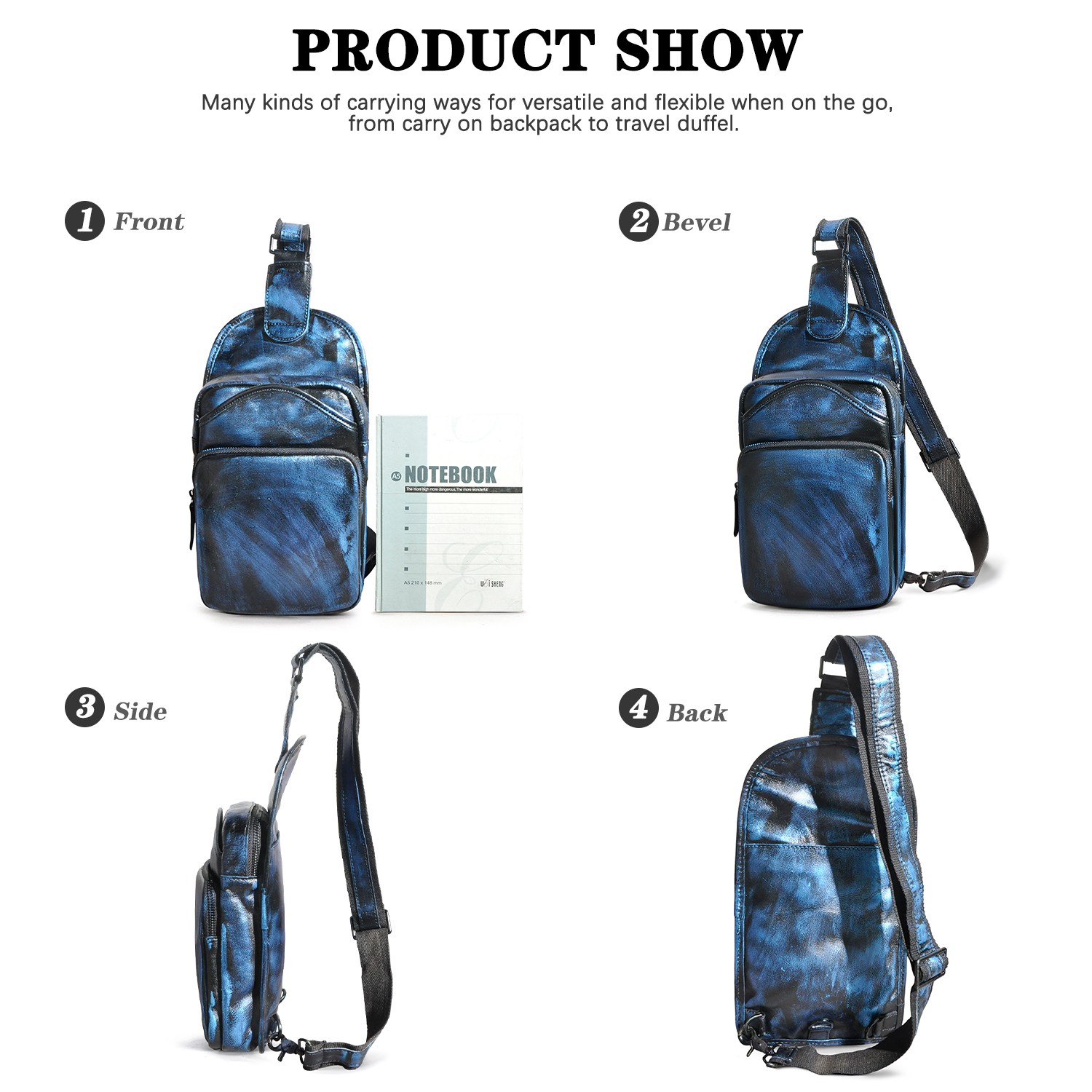 Le'aokuu Men Crazy Horse Leather Casual Vintage Fashion Blue Chest Sling Bag Design One Shoulder Crossbody Bag For Male 9977