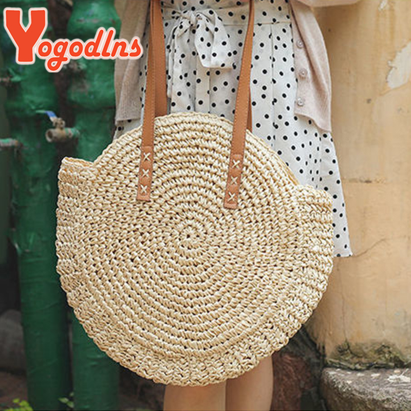 Yogodlns Women Large Capacity Round Straw Shoulder Bag Fashion Tassel Beach Handmade Weave Handbag Summer