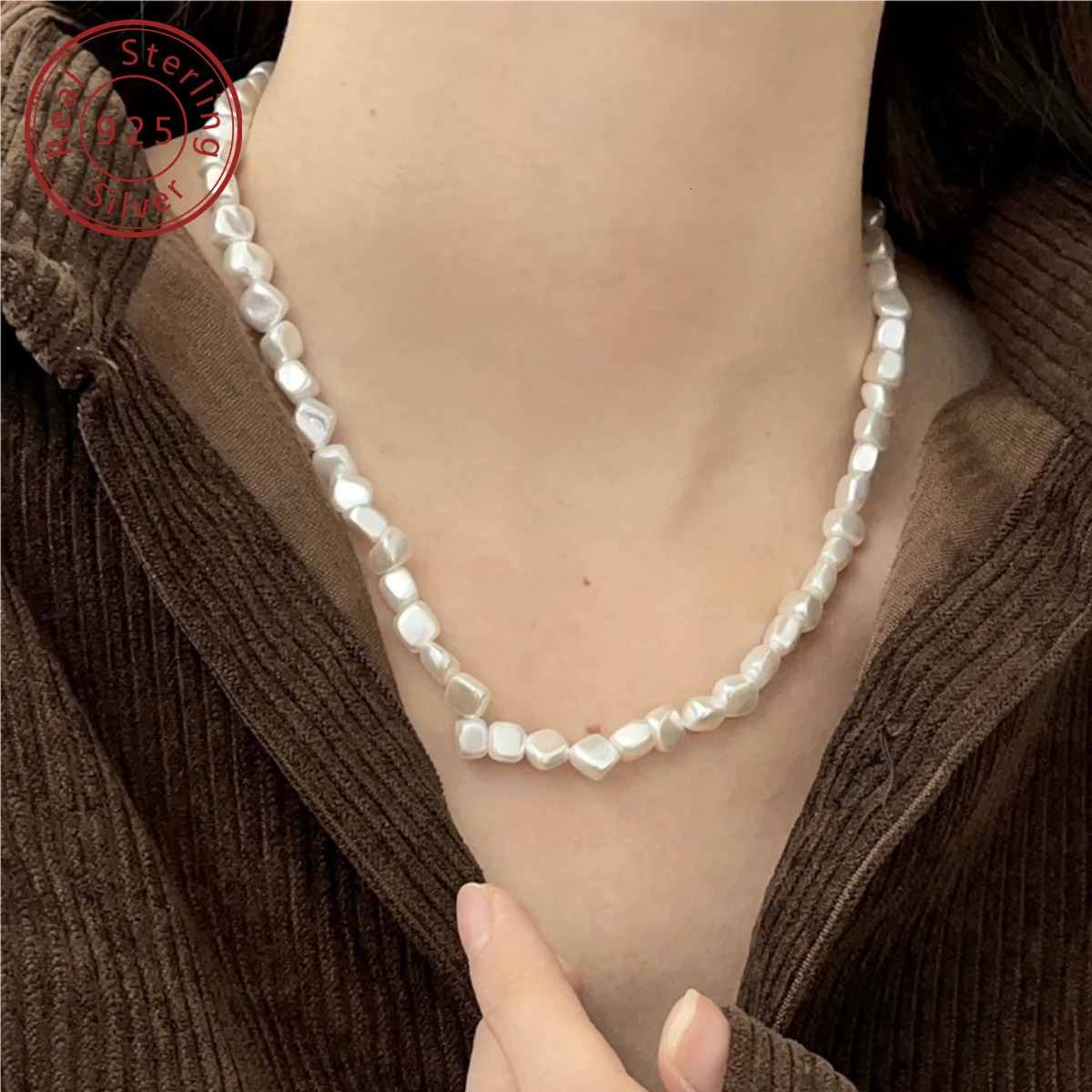 925 silver irregular shell pearl necklace Korean style minimalist style suitable for daily activities 241107