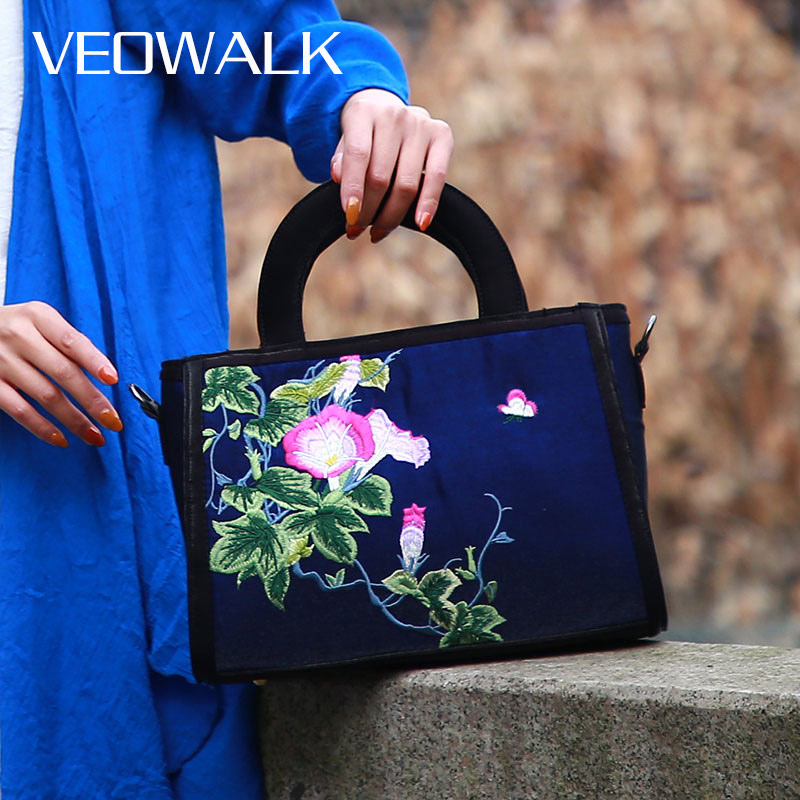 Veowalk Velvet Flock Women Embroidered Canvas Shoulder Bag Elegant Ladies Vegan Leisure Crossbody Evening Handbag Medium
