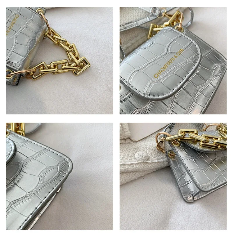 Ins New Gold Silver PU Leather Shoulder Crossbody Small Bag Fashion Mini Chain Lipstick Bag Trend Bags for Women Cute Coin Purse