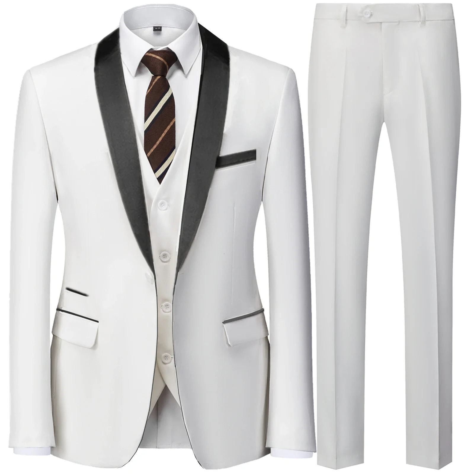 Mens Mariage Color Block Collar Set Jacket Trouser Waist Coat Mens Business Casual Wedding Coat Tank Top Pants 3-Piece Set 241106