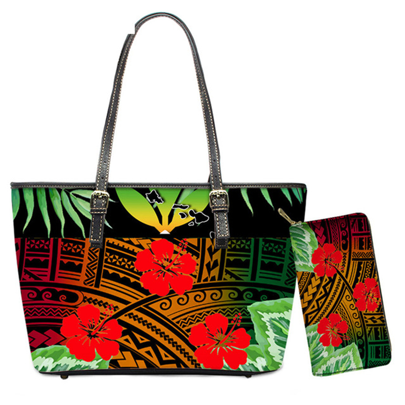ELVISWORDS Luxury Women Handbags Purses 2 Pcs/set Polynesian Tribes Printed Shoulder Bag Lady Leather Large Totes Wallet Fashion
