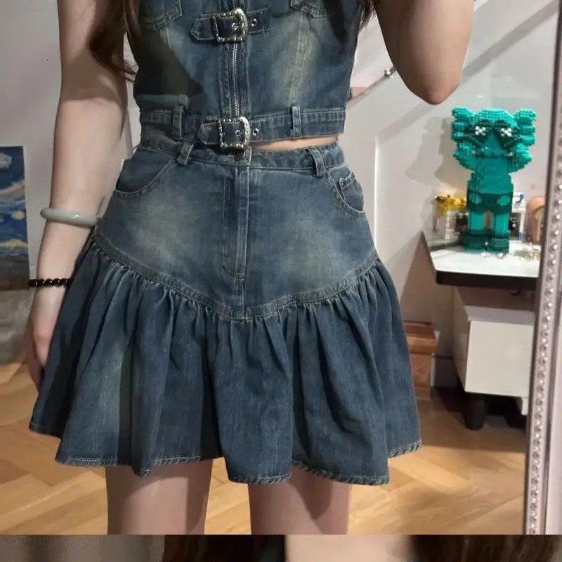 Vintage Y2K Skirts Two Pieces Set Gothic Womens Denim Camisole Vest with Mini A-line Pleated Skirt Suits Summer Outfits 241107