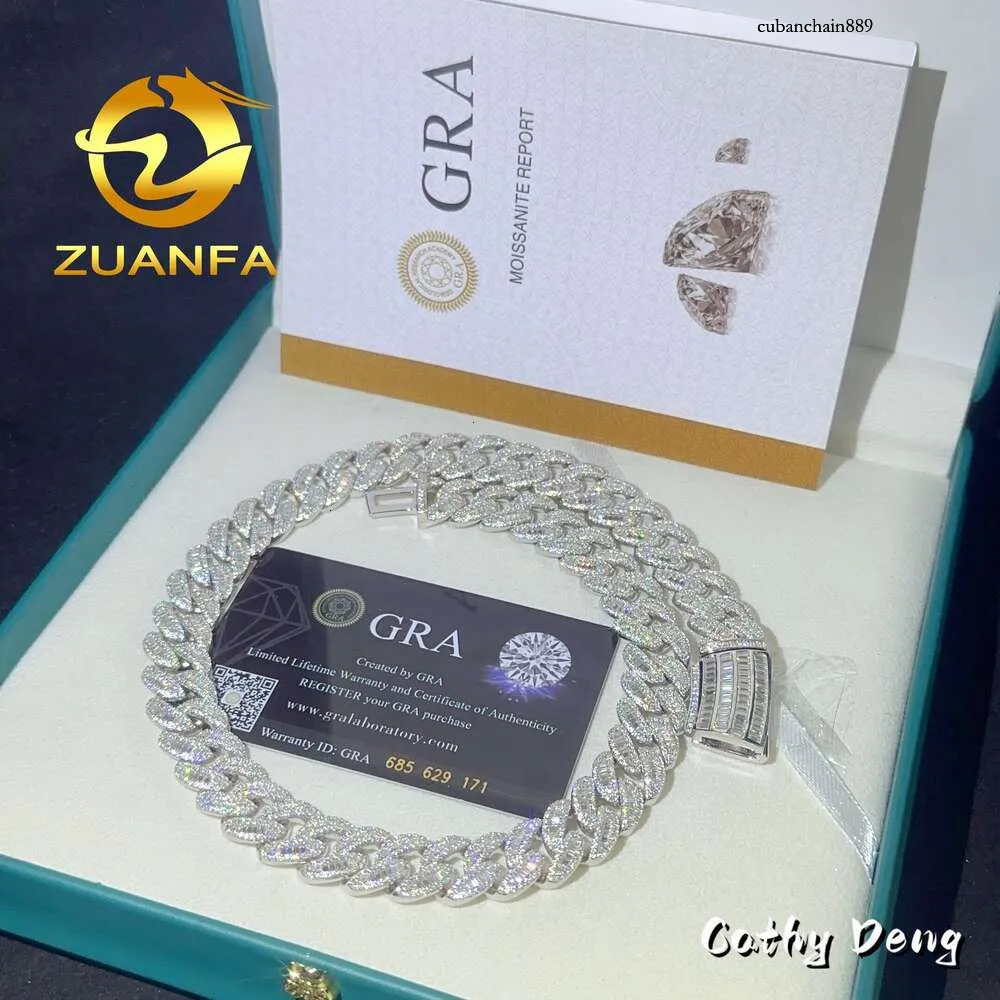 Pass Dia Test Hip Hop Jewelry 15mm Baguette Cut k Sier Moon Shape Vvs Moissanite Cuban Chain