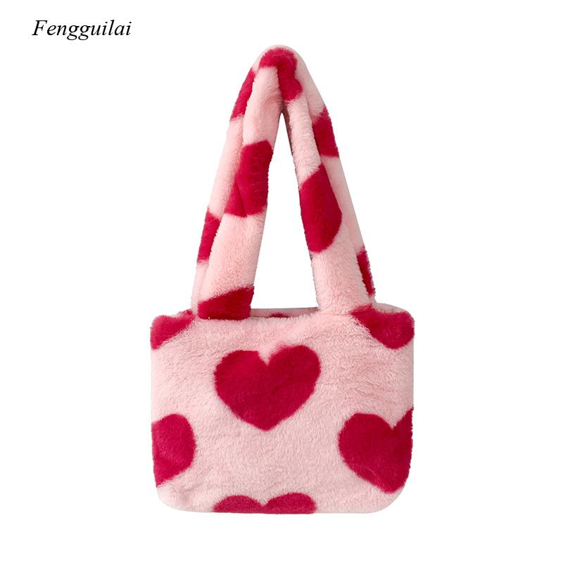2021 Fashion Women Plush Love Pattern Shoulder Bags Elegant Female Underarm Bags Faux Fur Handbag Furry Fluffy Tote Bags