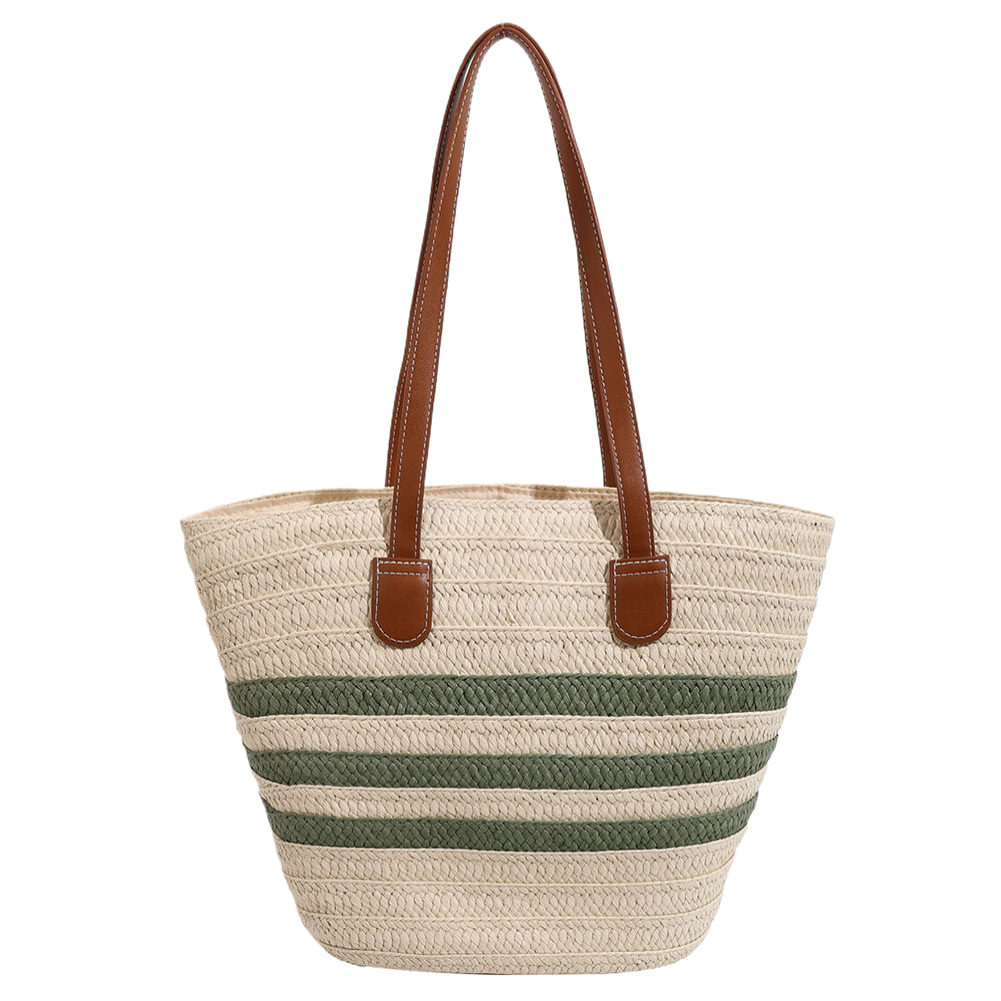 Women Straw Shoulder Bag Color Contrast Weaving Travel Bag Large Capacity Striped Straw Handbag Ladies Summer Daily Bag