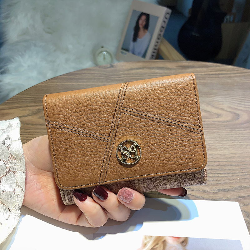 Luxury Style 3-Fold Women Wallet Genuine Leather Short Purse with Patchwork Design, Fashion Letter Print Cowhide Billfold and Compact Card Holder