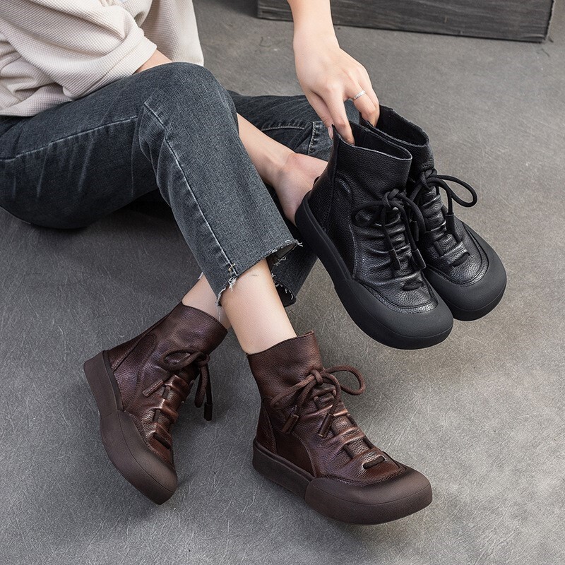 Johnature Handmade Retro Short Boots 2024 Autumn/Winter New Thick Soled Versatile Commuting Comfortable Women's Flat Shoes