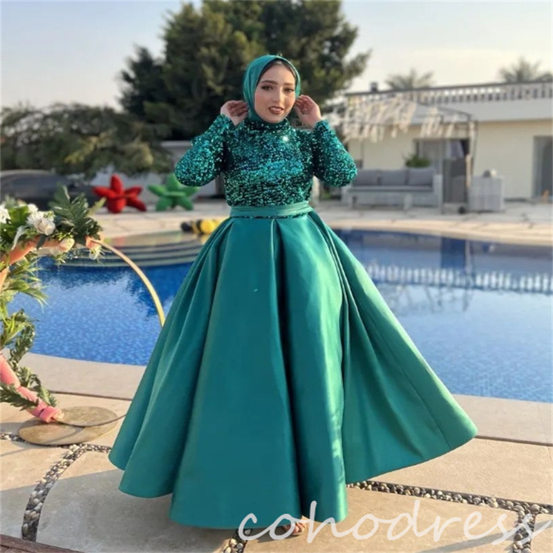 Emerald Green Short Evening Dresses A Line Sequin Muslim Prom Dress Elegant Arabic Dubai Birthday Dress High Neck Long Sleeve Vestio De Gala 2025