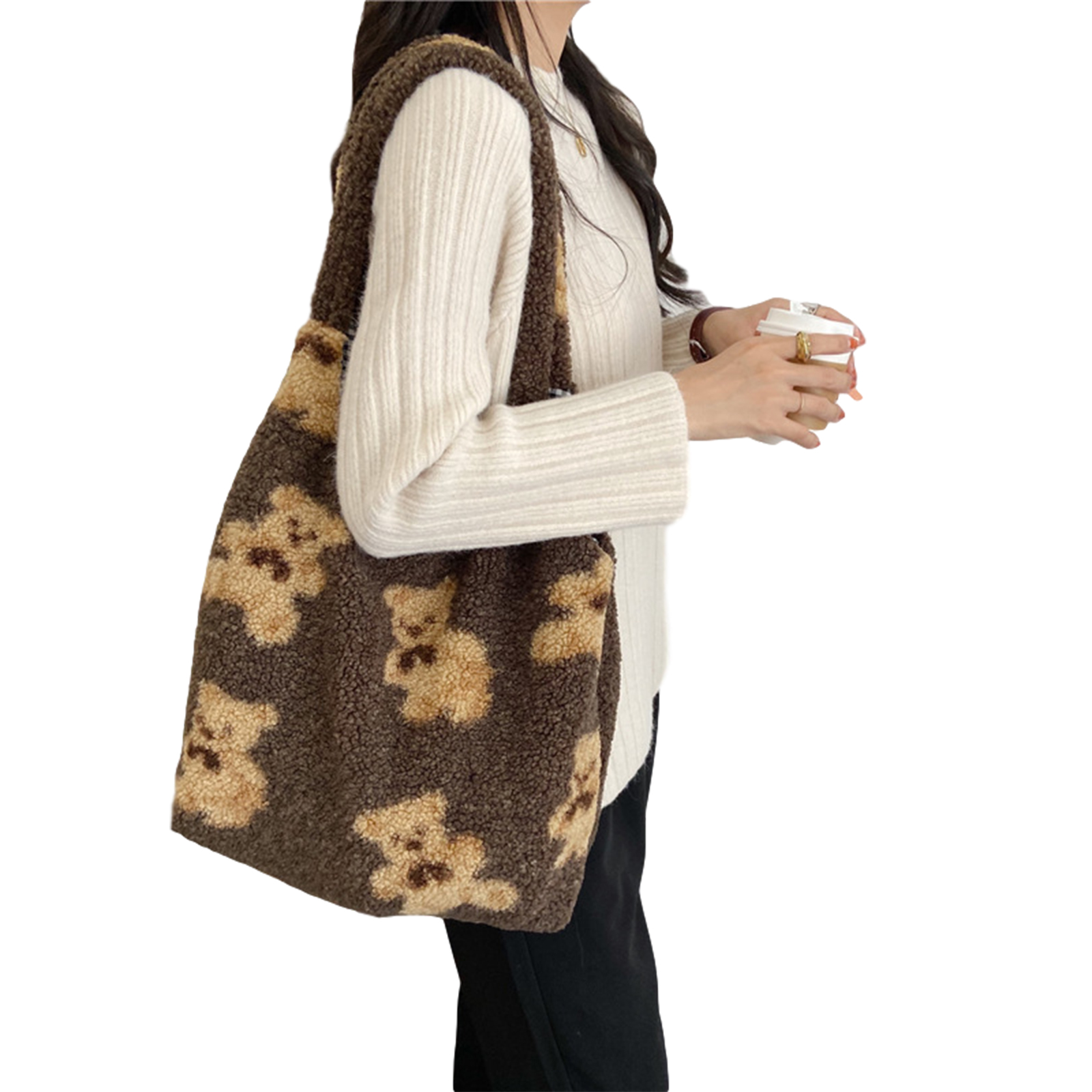Women Bags Plush Cartoon Handbag Bear Printed Large Capacity Decorative Button Inner Plaid Shoulder Bag