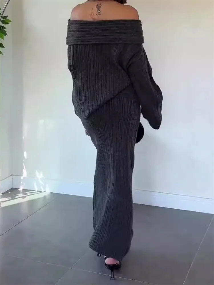 Tossy Knitted Skirt 2 Piece Set Womens One-Shoulder Long Sleeves Sweater Pullover Elegant Slim Fit Long Skirt Suit Autumn 241107