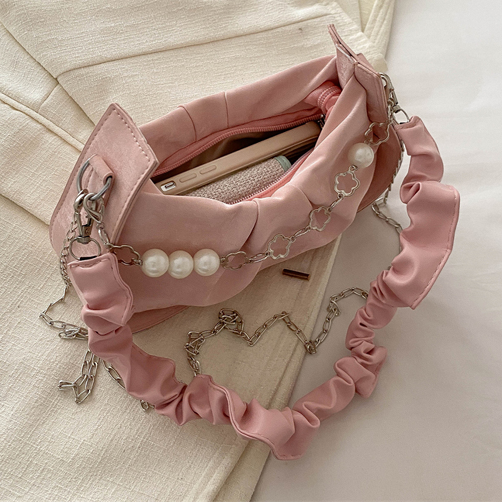 Women Ruched Shoulder Bag with Pearls Pleated Crossbody Bag Detachable Strap Simple Underarm Bag Ladies Leisure Handbag