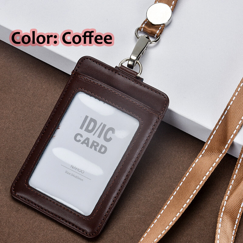 New Genuine leather Business Work Card Holder ID Badge Holders ID Chest Cards Name Tag Case Office Supplies with Nylon Lanyard