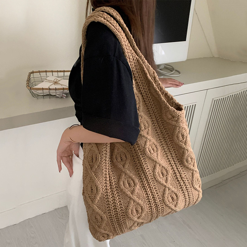 9Wool Knitted Women's Single Shoulder Shopping Retro Cotton Cloth Girl's Handbag Large Women's Handbag Crochet Bag