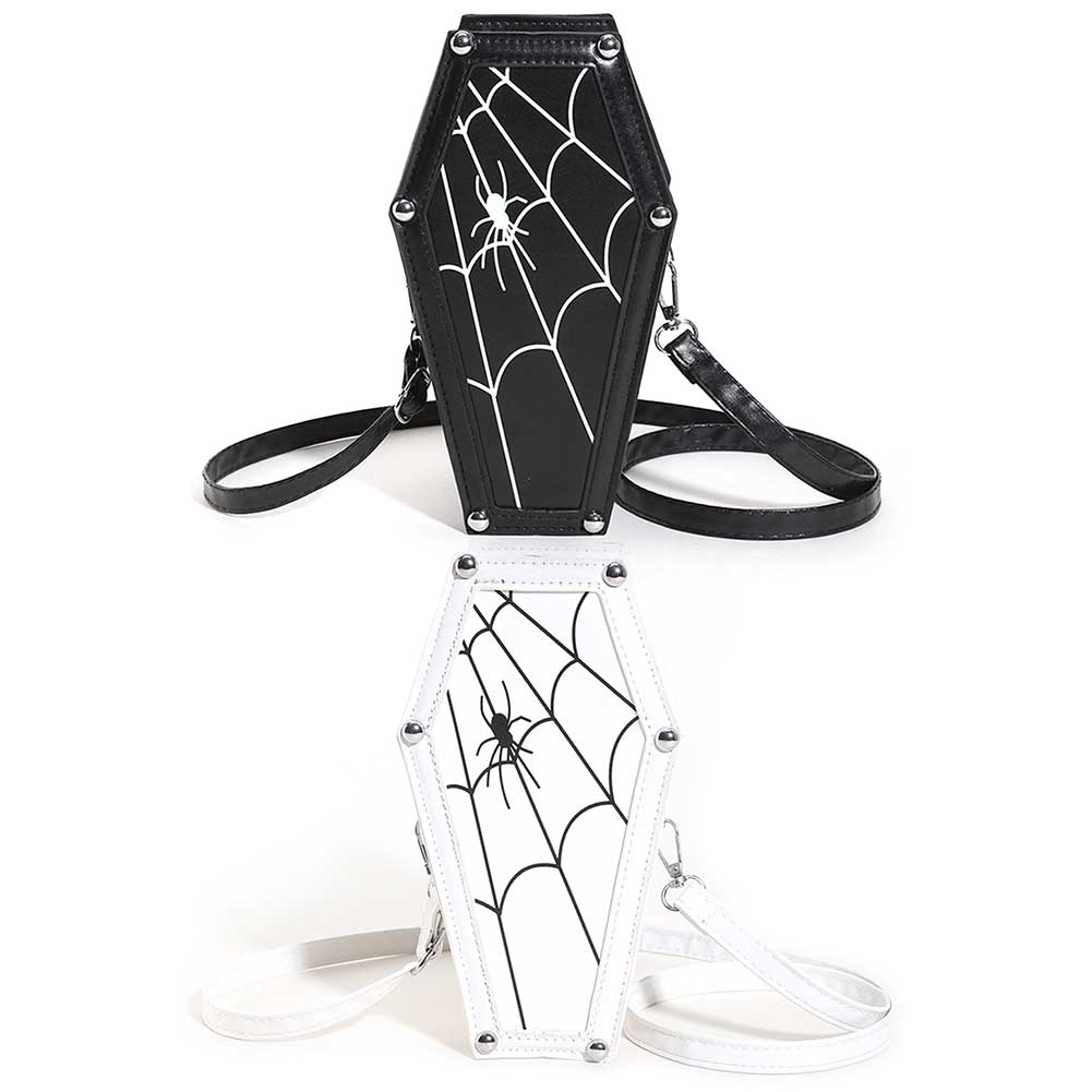 Women Cosplay Cosmetic Bag PU Leather Coffin Gothic Cobweb Bag Adjustable Strap Halloween Gift for Female