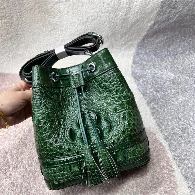 Authentic Alligator Leather Baby Blue Women Small Bucket Purse Genuine Crocodile Skin Lady Tassel Bag Female Cross Shoulder Bag
