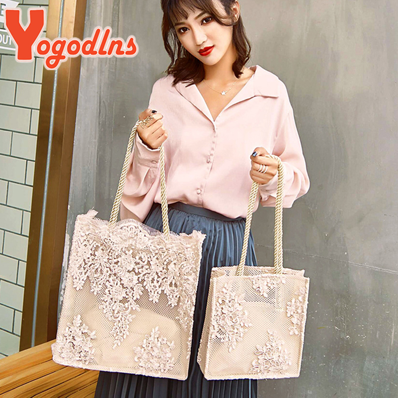 Yogodlns Lace Embroidery Handbag Women Large Capacity Shoulder Bag Elegant Lady Handle Bag New Trend Beach Bag Shopping Wallet