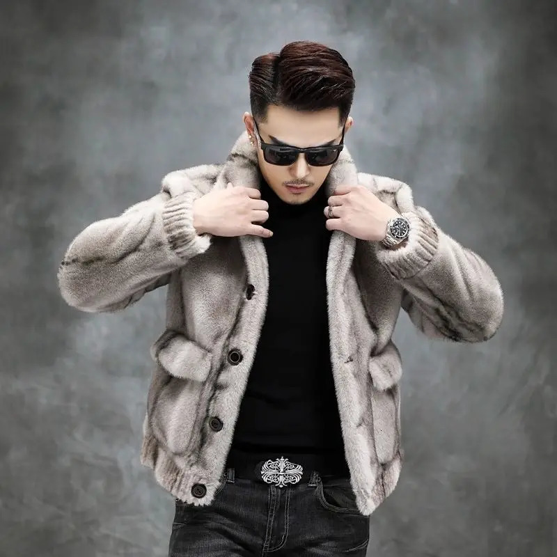 Winter mens mink coat mens double-sided coat fashionable solid color short fur striped coat thick warm casual coat 241107