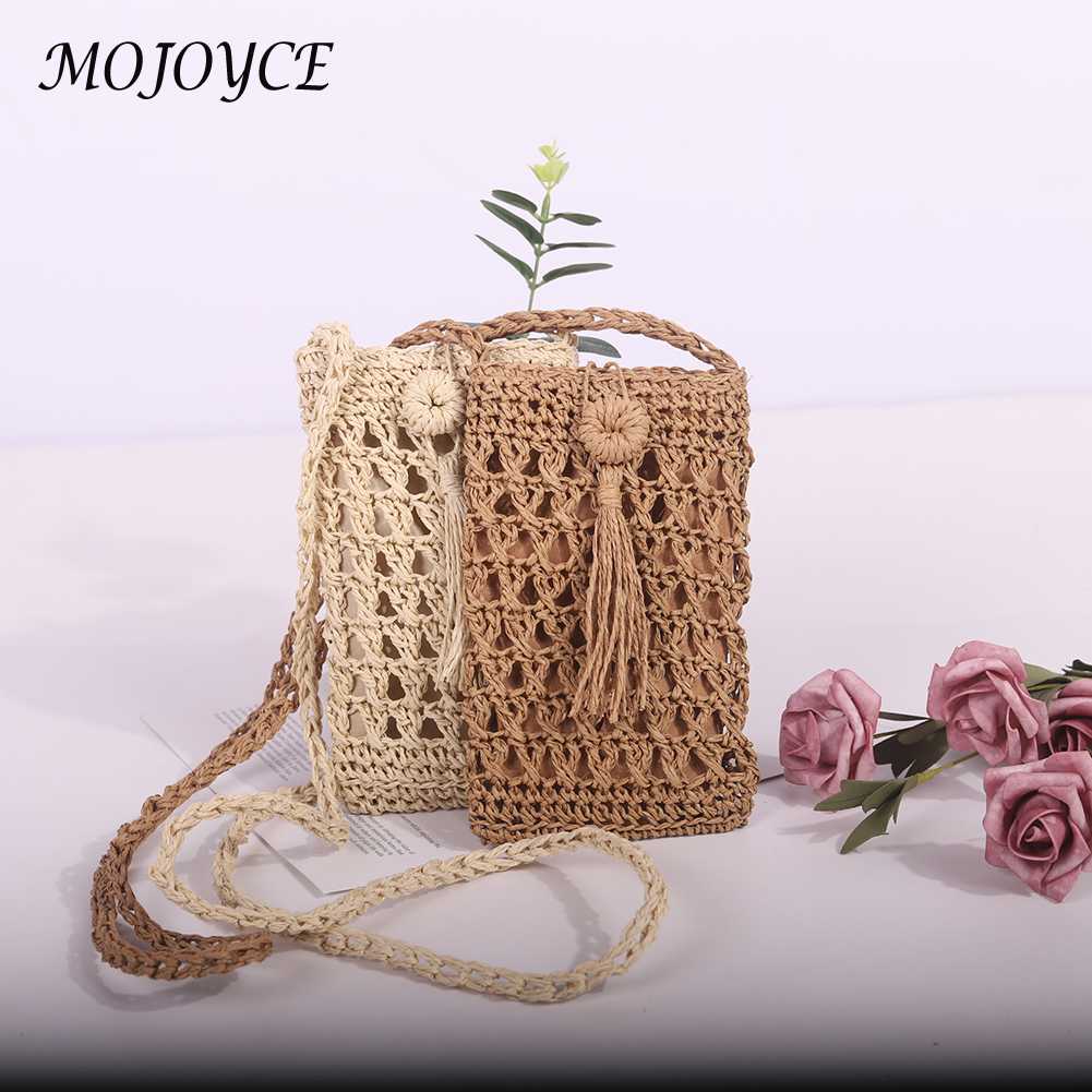 Ladies Straw Cell Phone Bags Women's Daily Travel Fashion Retro Leisure Small Purse For Ladies Travel Holiday Shoulder Bags