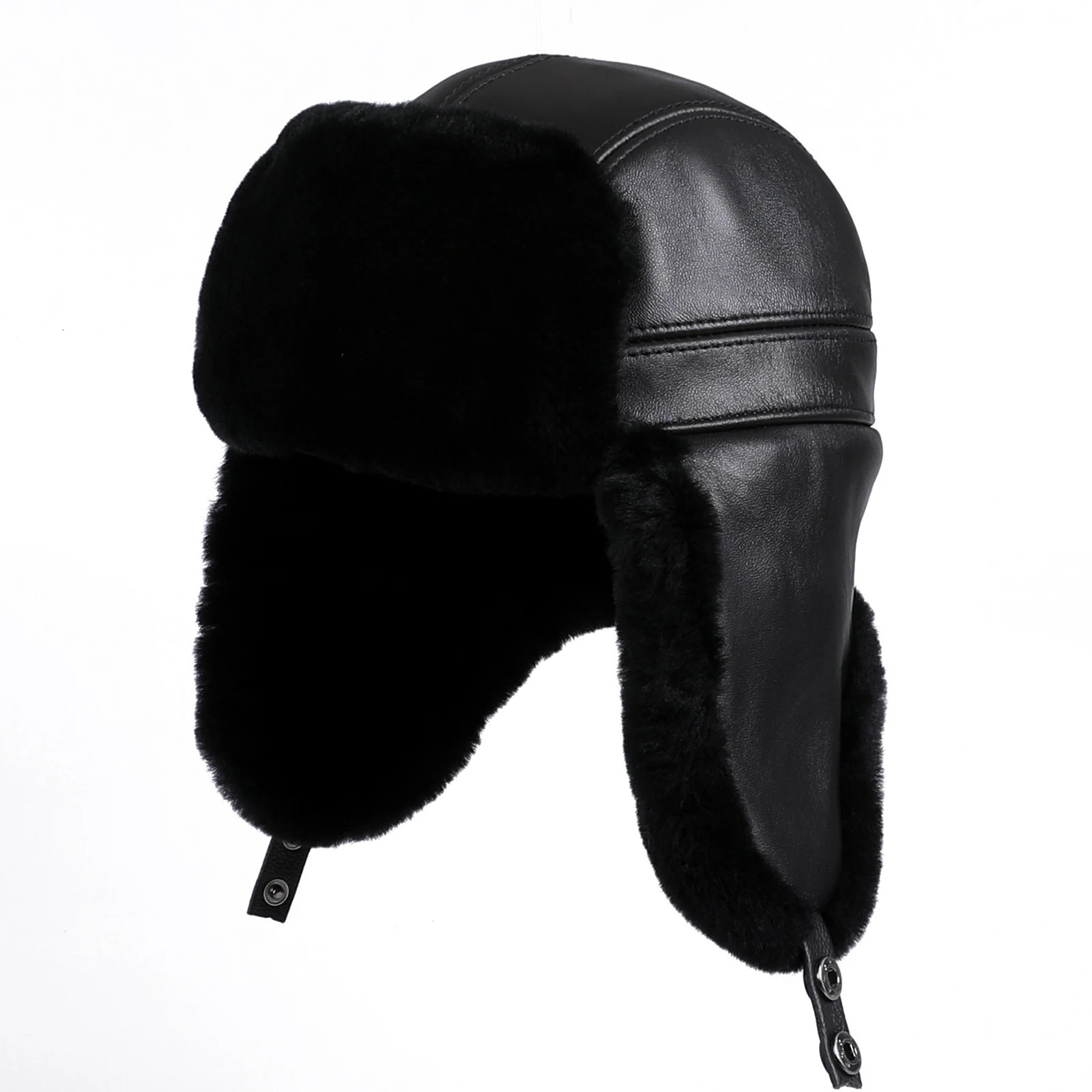 mens winter fur catcher hat leather shell wool pilot Russian Ushaka hat thick ear flaps warm 241106
