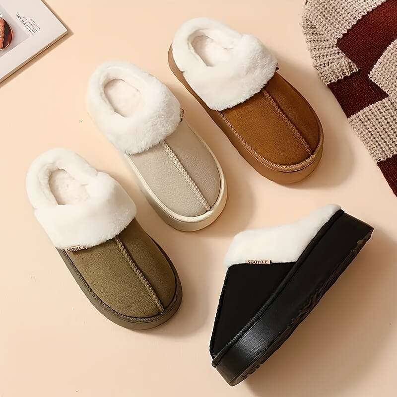 Ladies' winter slippers, elegant solid color design, warm plush comfortable indoor home shoes, EVA sole suitable for all seasons, fabric upper, u