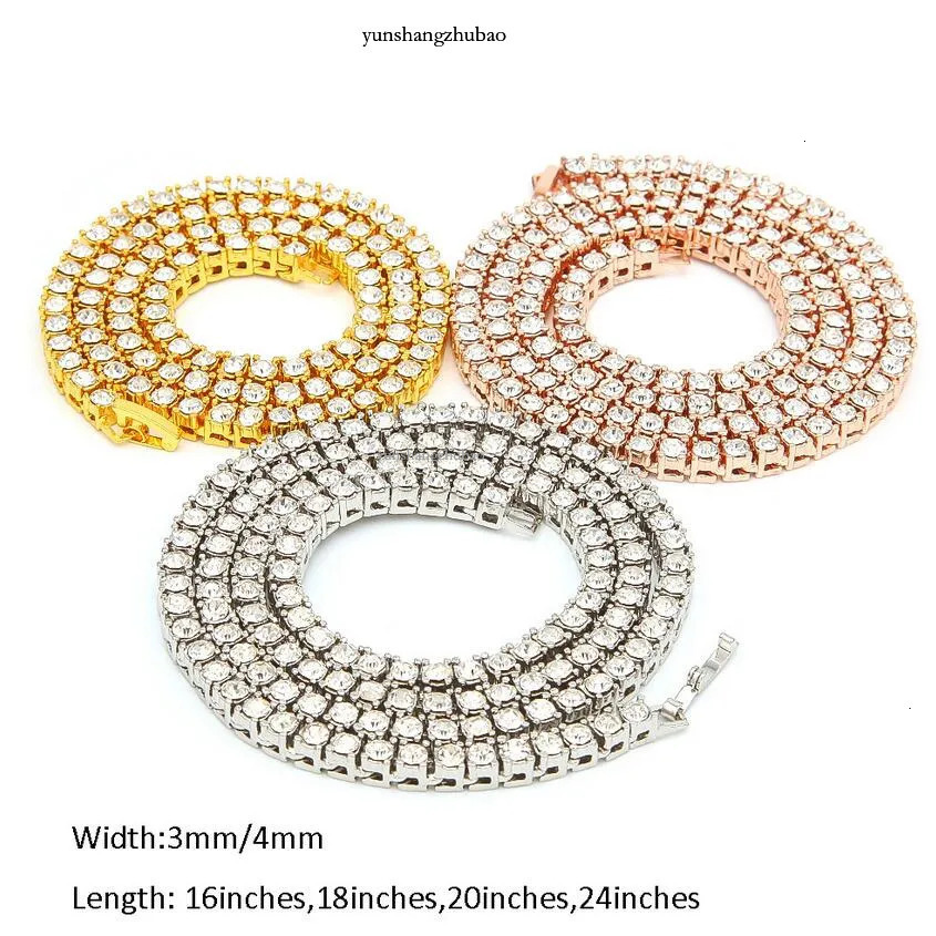 Designer mens hiphop chains dia one row tennis hip hop jewelry necklace 3mm 4mm sier rose gold crystal chain necklaces